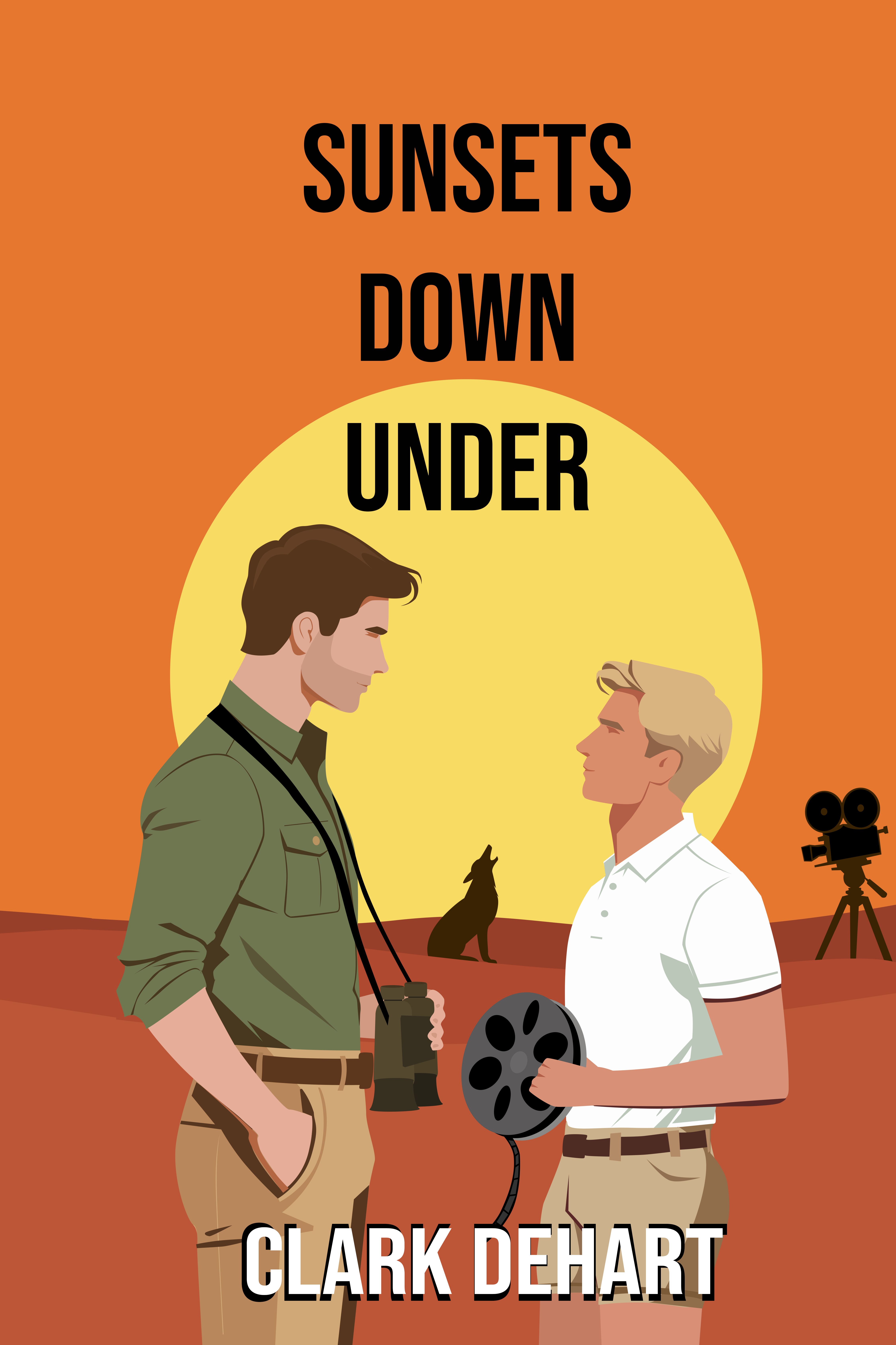 An illustrated graphic of a contemporary romance book with two men standing in profile with a sun and desert backdrop